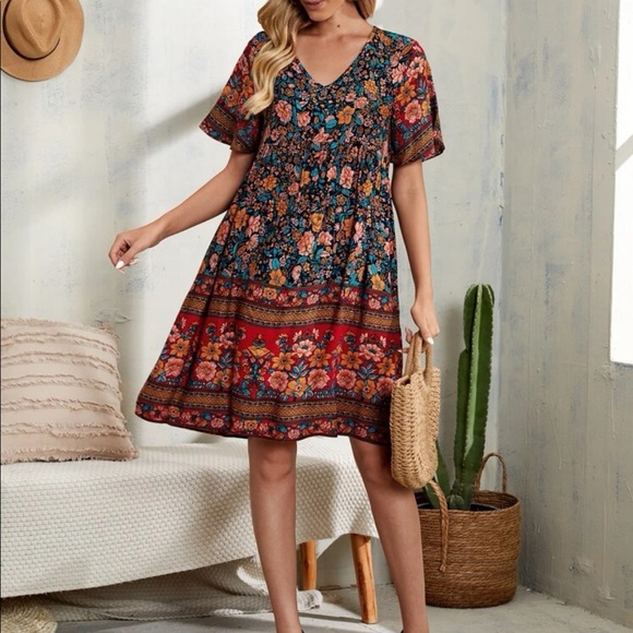 Boho floral print V neck mini dress - Picture 4 of 5